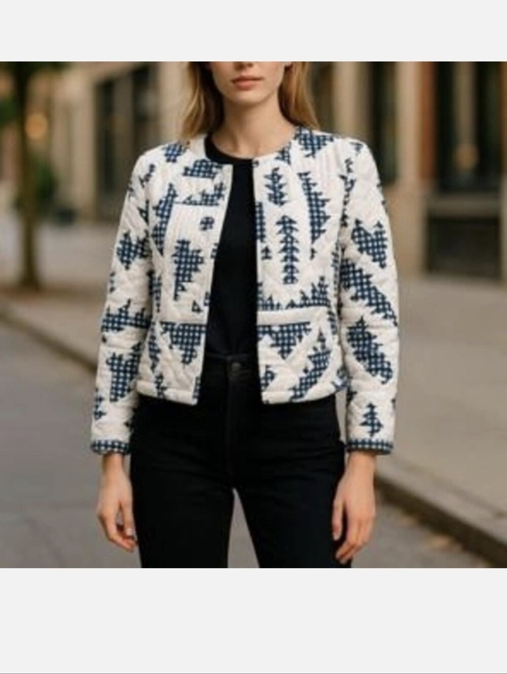 Caroline Constas White and Blue Quilted  Linen  Jacket Sz.L NWT